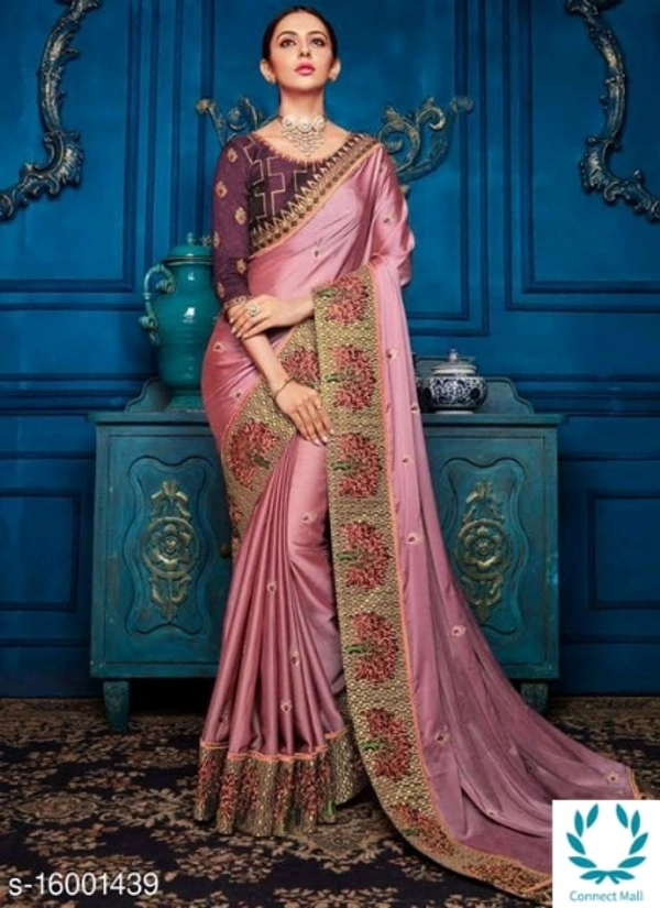 PINK SAREE WITH HEAVY EMBROIDERED BORDER WORK  - Saree Length Size 5.5m Blouse Length Size-0.8, Pink, Saree Fabric-Georgette Blouse Fabric-CottonSilk, Multipack Of:1